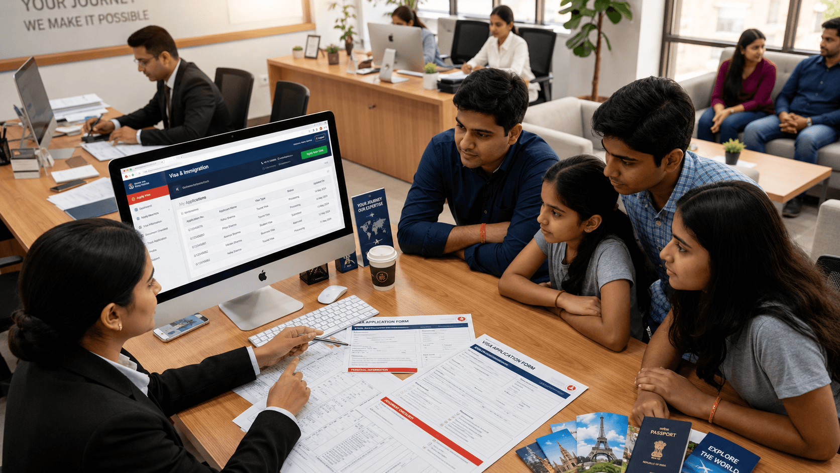 Travel consultant discussing an itinerary with a family at a travel agency.
